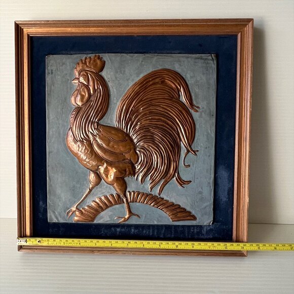 Vintage Copper Rooster Embossed Framed Wall Art Farmhouse French Country Decor - Picture 4 of 5